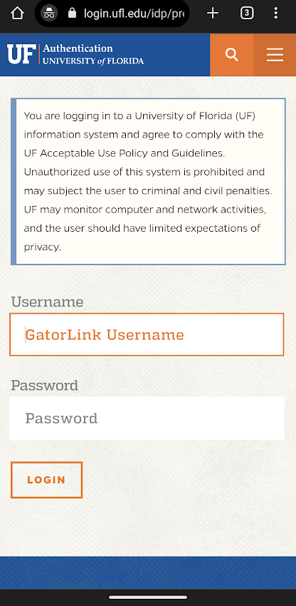 UF Multi Factor Authentication Screen
