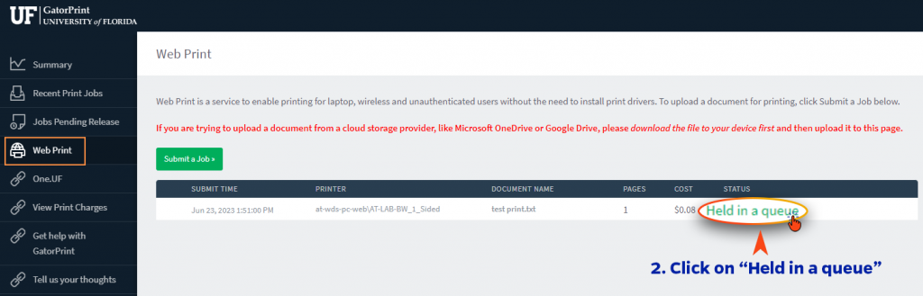 Click on Held in a queue