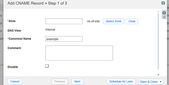 Infoblox Add CNAME Record Pop-up