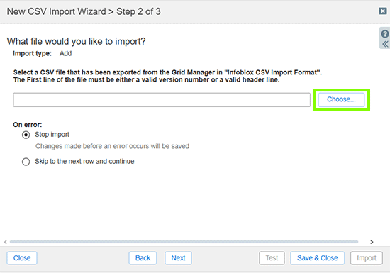 Infoblox csv Import Select Button
