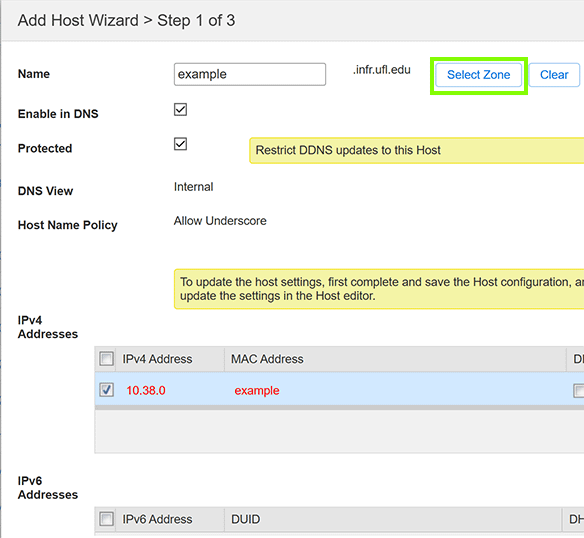 Infoblox Add Host Wizard: Select Zone