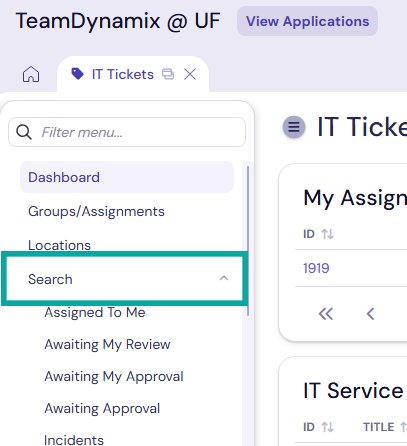 Screenshot of Search option in TeamDynamix