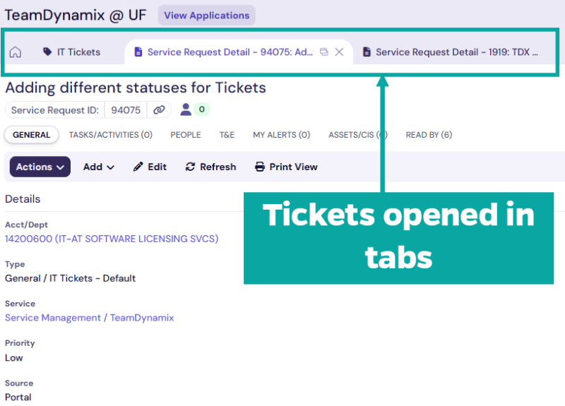 Screenshot of ticket tabs