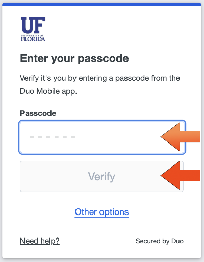 Enter passcode in the Duo Universal Prompt