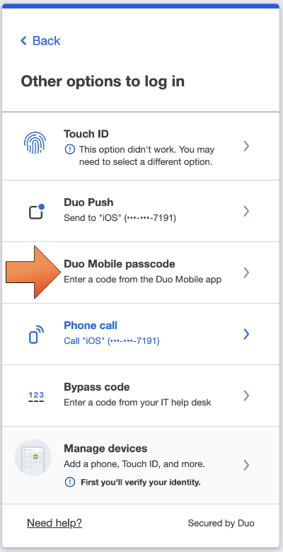 Select Mobile Passcode option in Duo