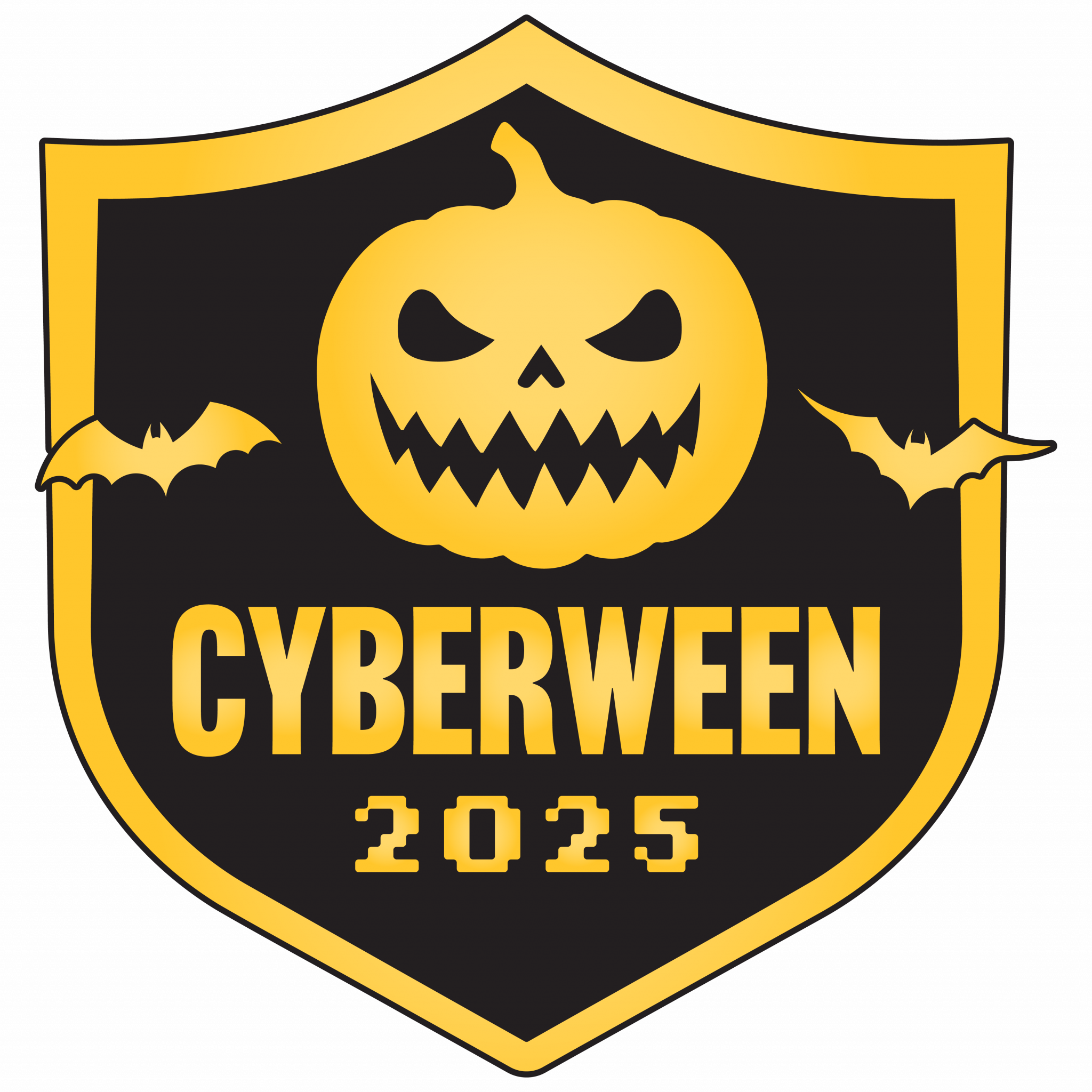 Black and gold Cyberween 2025 logo that has a carved pumpkin and bats.