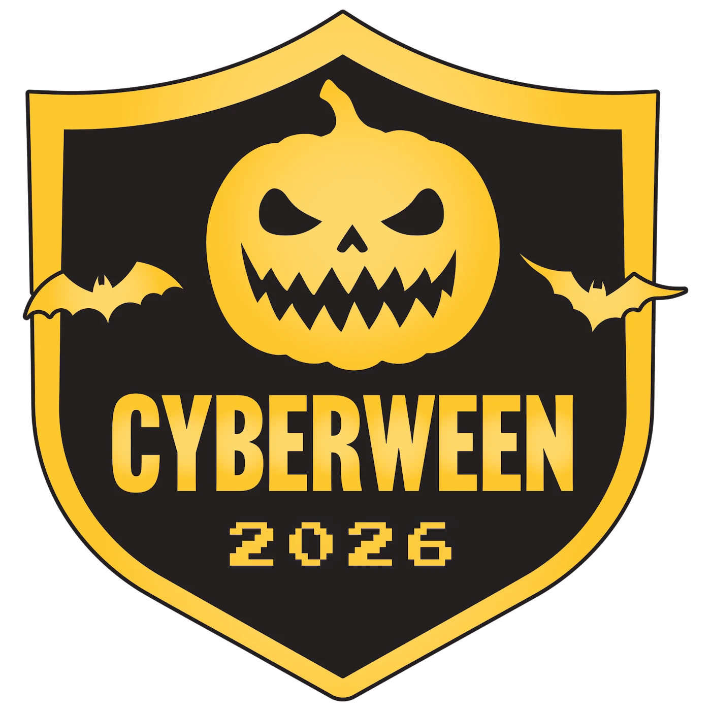 Black and yellow Cyberween logo featuring a pumpkin.