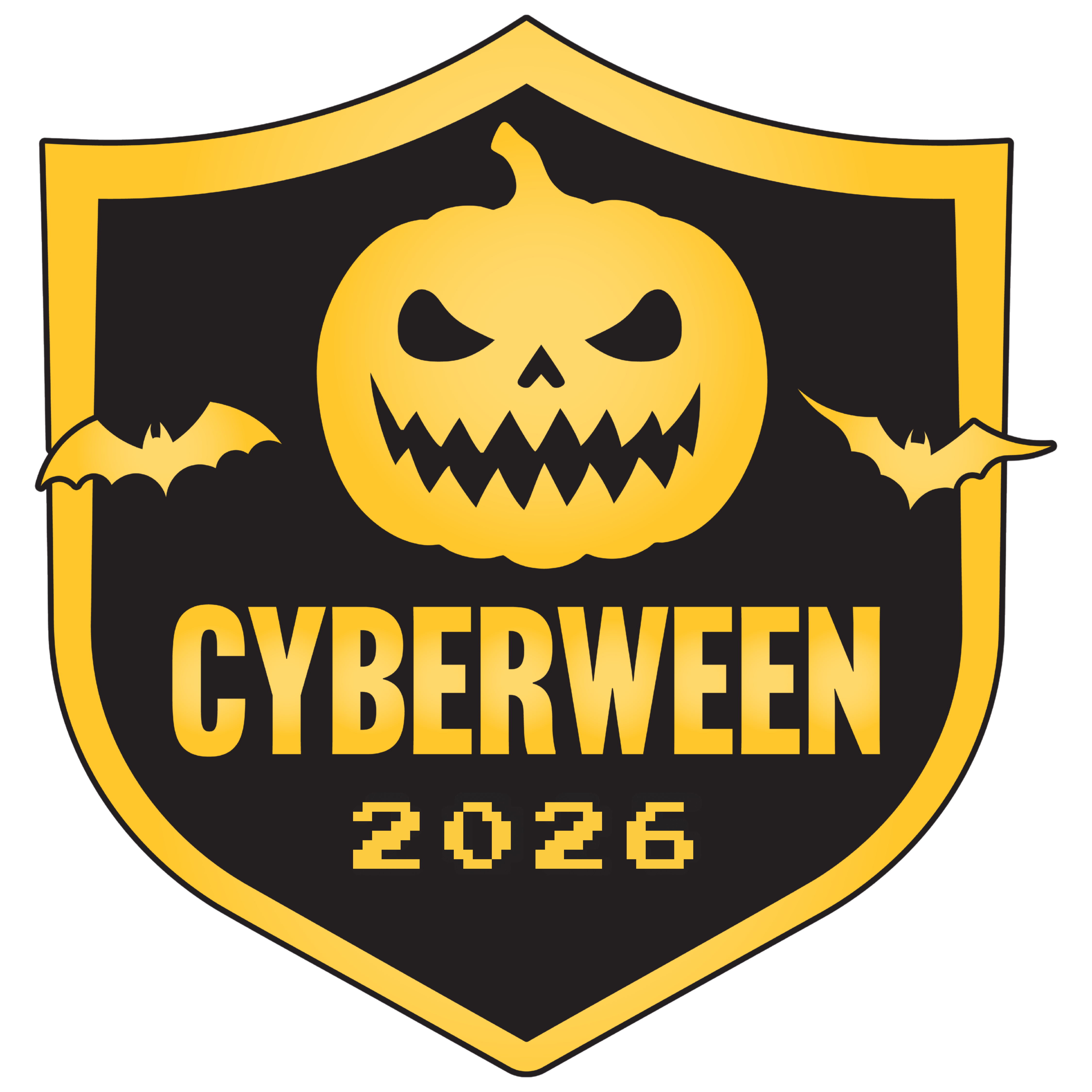 Black and yellow Cyberween logo featuring a pumpkin.
