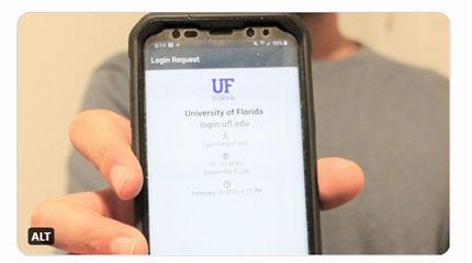 Close-up photo of a two-factor login push notification on a Smartphone device at the University of Florida