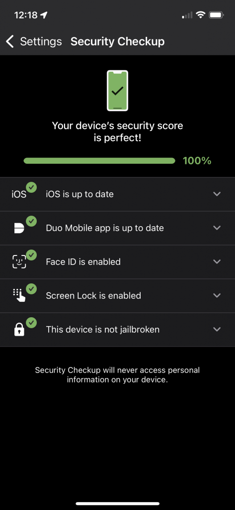 Image of phone screen of DUO mobile app's security checkup feature.