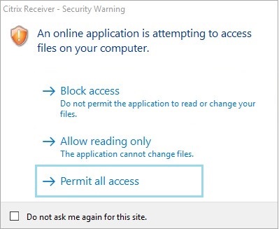 An online application is attempting to access files on your computer. There are options to block access, allow reading only, or permit all access.