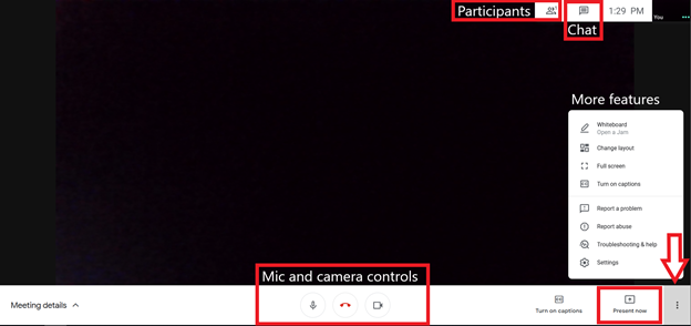 Quick overview of Google Meets features. A screenshot of a meeting in Google Meets with highlights around the relevant feature buttons.
