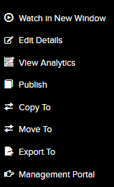 The list of options available after selecting a presentation in MyMediasite. This list includes the